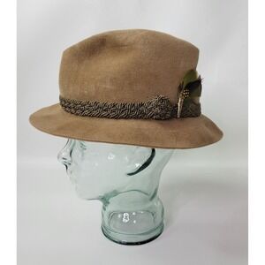 Vintage Bianchi Continental Styling Genuine Velour Fedora Hat Tan Brown 7 3/8